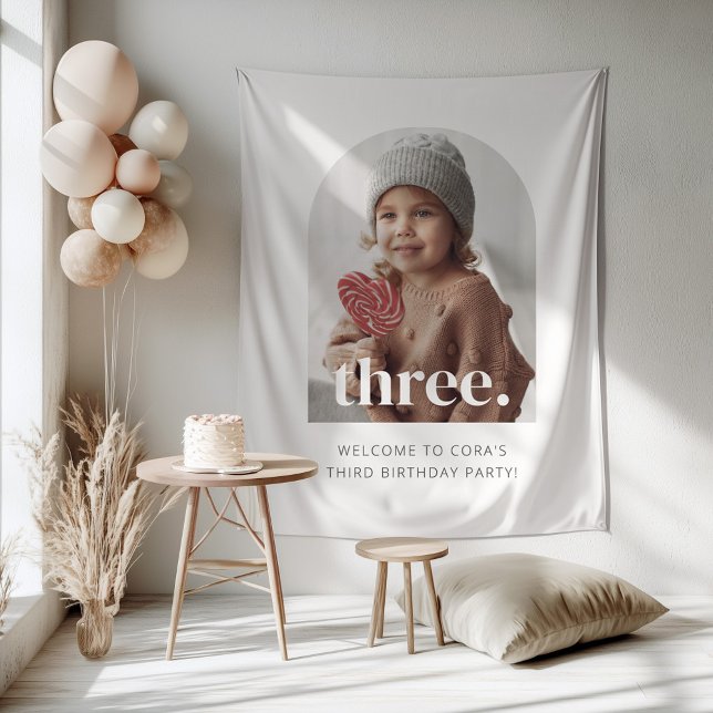 Tenture Signe de bienvenue pour photo à trois arches pour  (Zazzle 4rd Birthday Three Arched Photo Welcome Sign Tapestry )