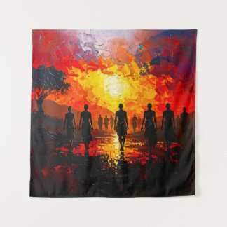 Tenture Silhouettes at Sunset: Fiery Horizon Walkers