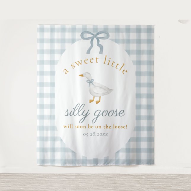 Tenture Silly Goose Duck Blue Gingham Baby Shower Backdrop (Devant)
