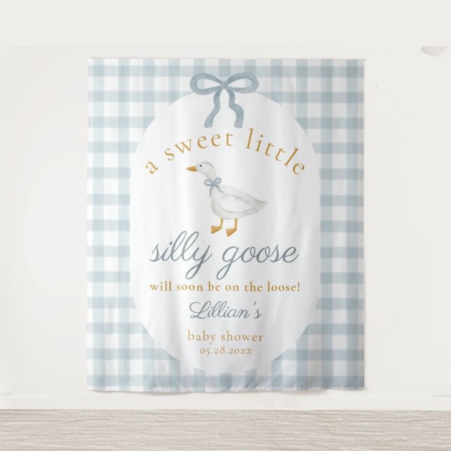 Tenture Silly Goose Duck Blue Gingham Baby Shower Backdrop (Devant)