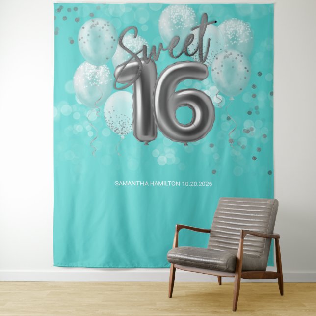 Tenture Silver Foil Sweet 16 Ballons Anniversaires Turquoi (En situation)