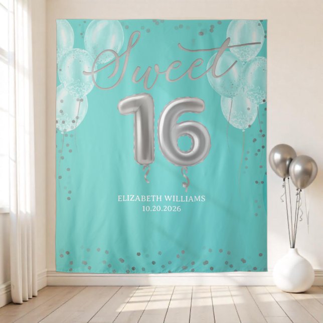Tenture Silver Foil Sweet 16 Ballons Royal Turquoise fond (Créateur téléchargé)