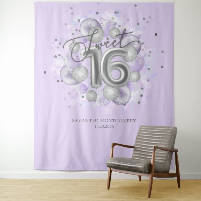 Tenture Silver Sweet 16 Anniversaires Ballons Lavande arri (En situation)