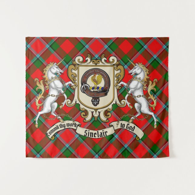 Tenture Sinclair Clan Badge & Unicorns avec Tartan (Devant (Horizontal))