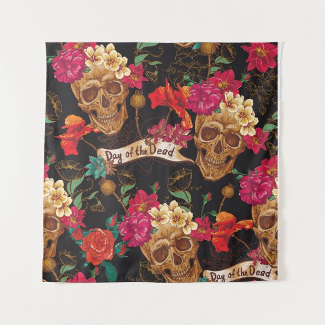 Tenture Skull and Flowers Day of The Dead Seamless Backgro (Devant)
