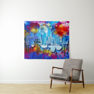 Tenture SlipperyJoe NYC graffiti lune entourée de tourbill