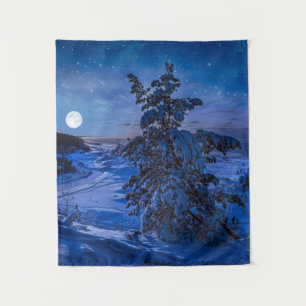 Tenture Snowy Baltic sea coast with fir tree in night