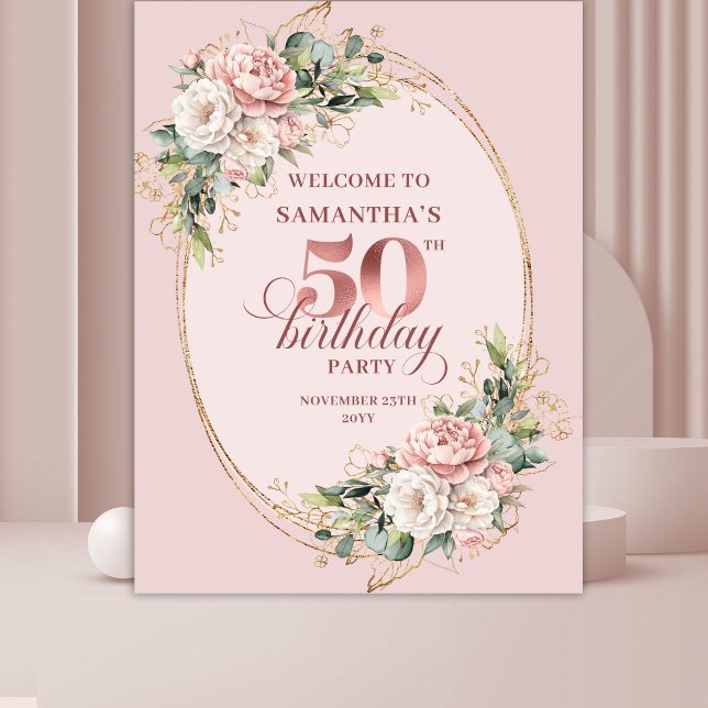 Tenture Sophisticated Blush Floral 50th Birthday Backdrop (Sophisticated Blush Floral 50th Birthday Backdrop)