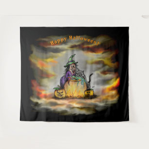 Tenture Sorcière et chat noir, Happy Halloween !