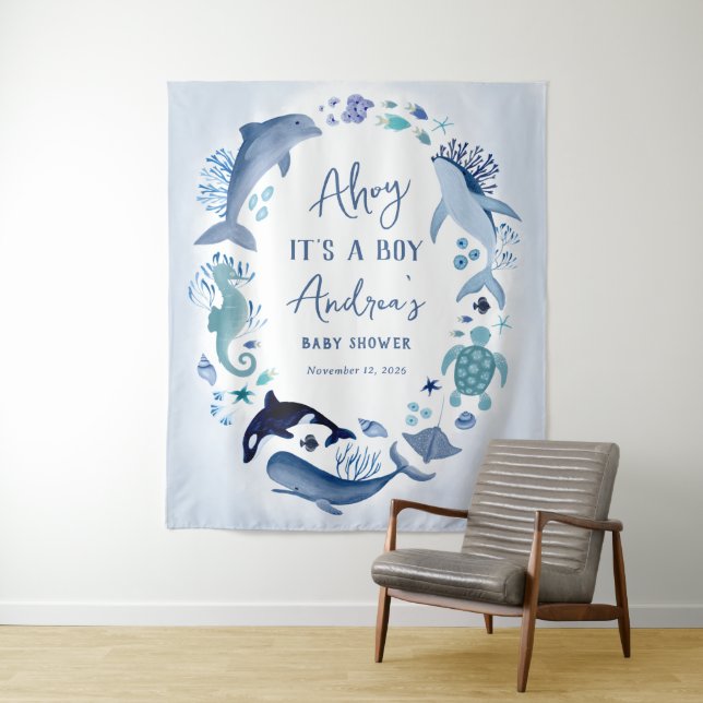 Tenture Sous l’Ahoy bleu marine C’est un Baby shower pour  (En situation)