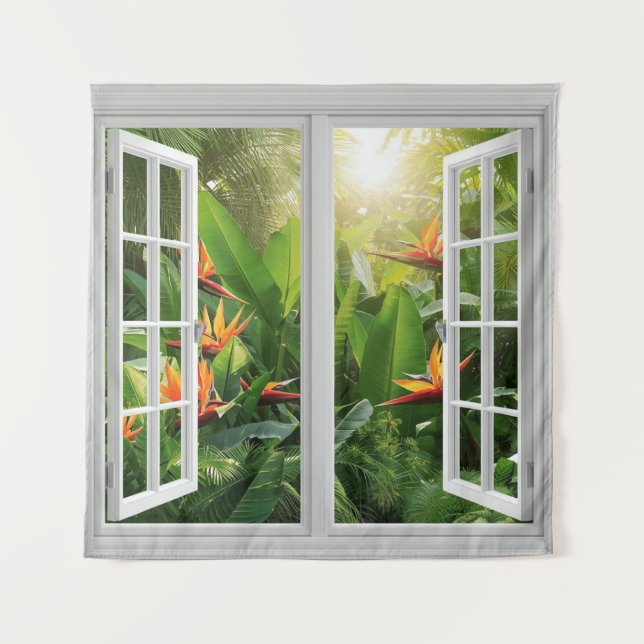 Tenture Square White Window with Tropical Scenic View (Devant)