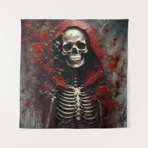 Tenture Squelette dans un cap rouge avec fleurs