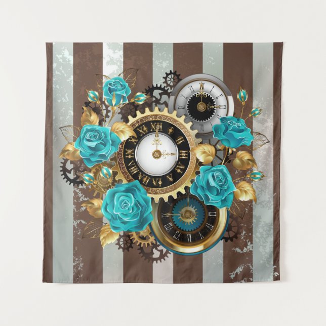 Tenture Steampunk Clock and Turquoise Roses on Striped (Devant (Horizontal))