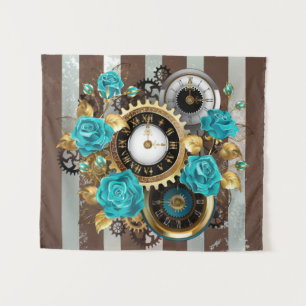 Tenture Steampunk Clock and Turquoise Roses on Striped