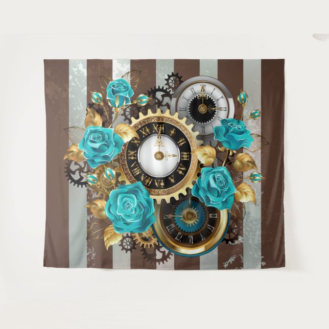 Tenture Steampunk Clock and Turquoise Roses on Striped (Devant (Horizontal))