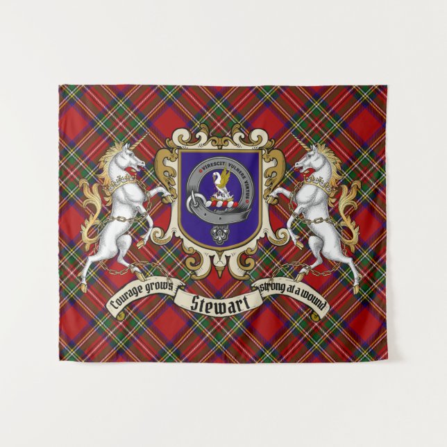 Tenture Stewart Clan Badge & Unicorns avec Tartan (Devant (Horizontal))