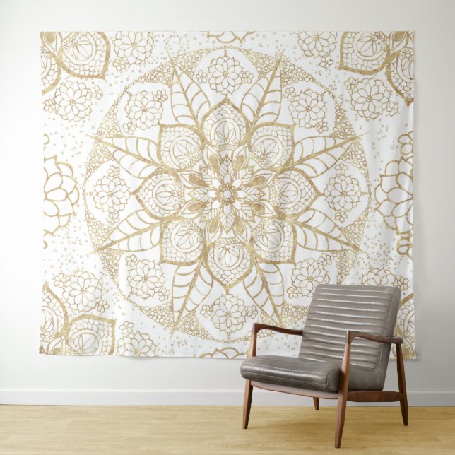 Tenture Style Boho Blanc Or Mandala Floral (En situation (horizontale))