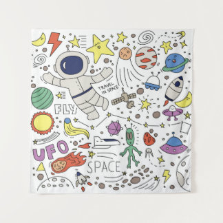 Tenture Style Doodle, illustration du thème spatial.