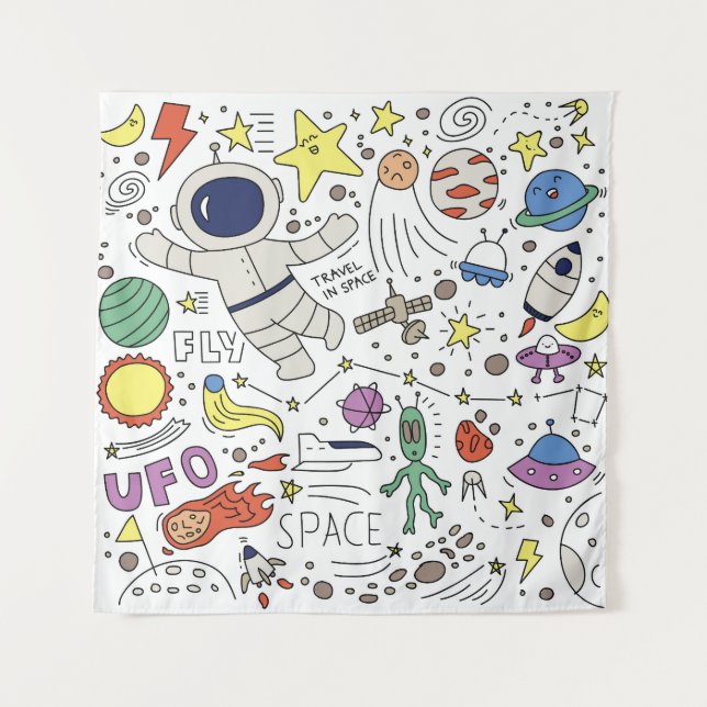 Tenture Style Doodle, illustration du thème spatial. (Devant)