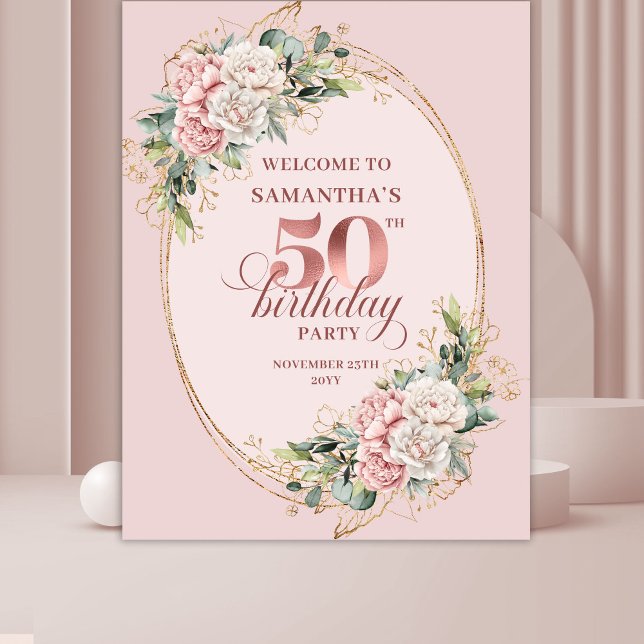 Tenture Stylish Botanical Blush 50th Birthday Backdrop (Stylish Botanical Blush 50th Birthday Backdrop)