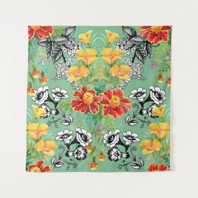 Tenture Summer garden blooming watercolor flowers seamless (Devant)