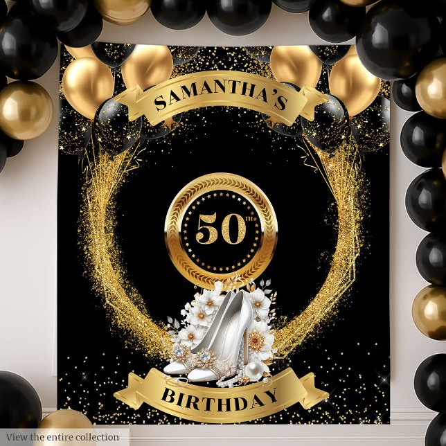Tenture Superbe 50 Anniversaire fond blanc étincelant talo (Stunning 50 Birthday Backdrop White Sparkle Heels)