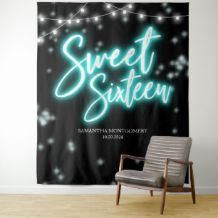 Tenture Sweet 16 Anniversaire Turquoise Neon brillant fond