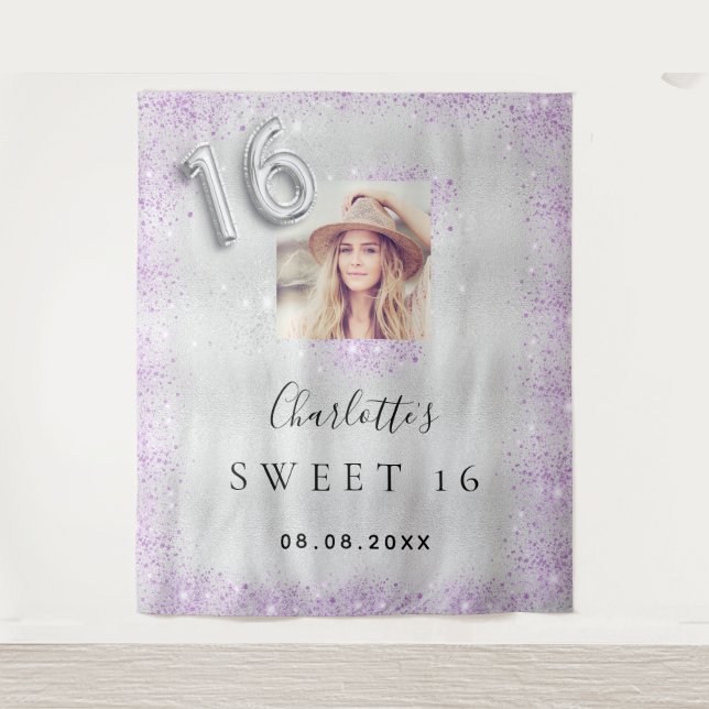 Tenture Sweet 16 argent photo purple parties scintillant p (Devant)