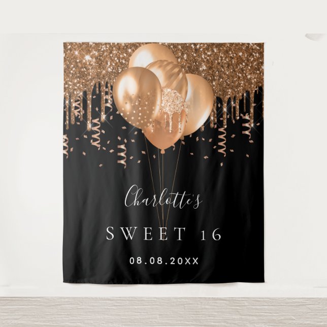 Tenture Sweet 16 ballons de parties scintillant en or noir (Devant)