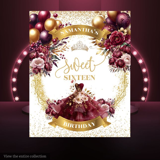 Tenture Sweet 16 Bannière Fleurs Bourgogne Parties scintil (Sweet 16 Banner Burgundy Flowers Gold Glitter Tapestry)