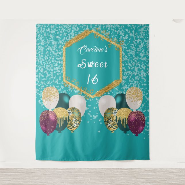 Tenture Sweet 16 bleu Turquoise Parties scintillant & Part (Devant)