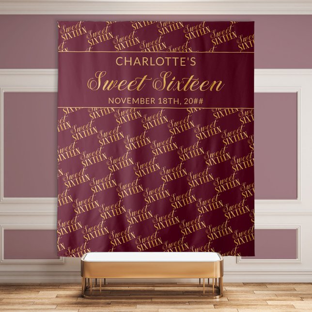Tenture Sweet 16 Burgundy et Gold Anniversaire de la fête (Créateur téléchargé)