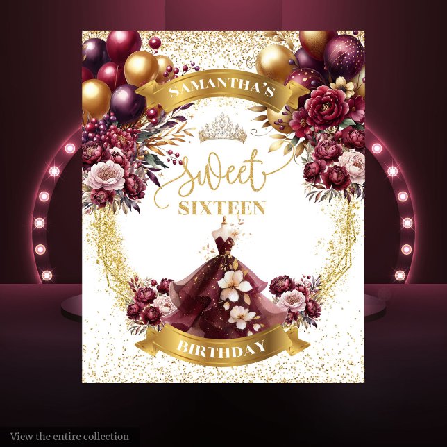 Tenture Sweet 16 fond Bourgogne Balloons Parties scintilla (Sweet 16 Backdrop Burgundy Balloons Gold Glitter)