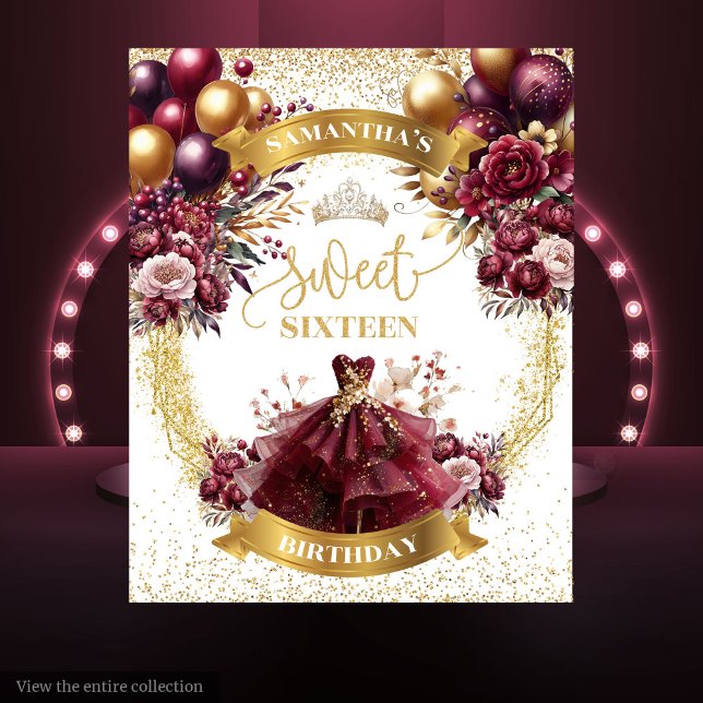 Tenture Sweet 16 fond Fleurs Bourgogne Ballons d'or (Sweet 16 Backdrop Burgundy Flowers Gold Balloons)