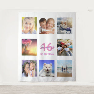 Tenture Sweet 16 personnalisé photo collage blanc rose