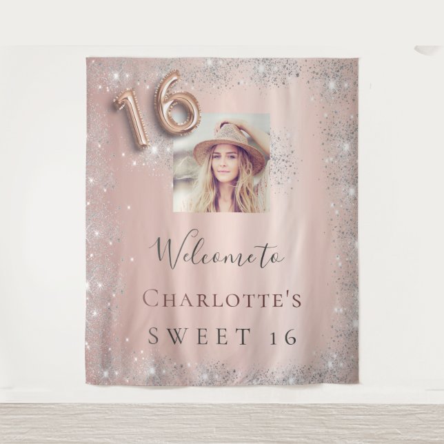 Tenture Sweet 16 rose or photo argent parties scintillant  (Devant)