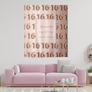 Tenture Sweet 16 rose or rose monogramme 16e anniversaire