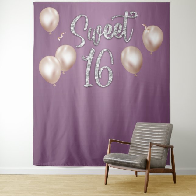 Tenture Sweet 16 Typographie moderne Argent Dorsures viole (En situation)
