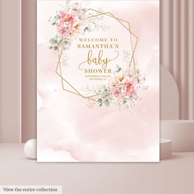Tenture Sweet Baby Girl poudreuse pink or pivoines fond (Sweet Baby Girl powder pink gold peonies backdrop

)