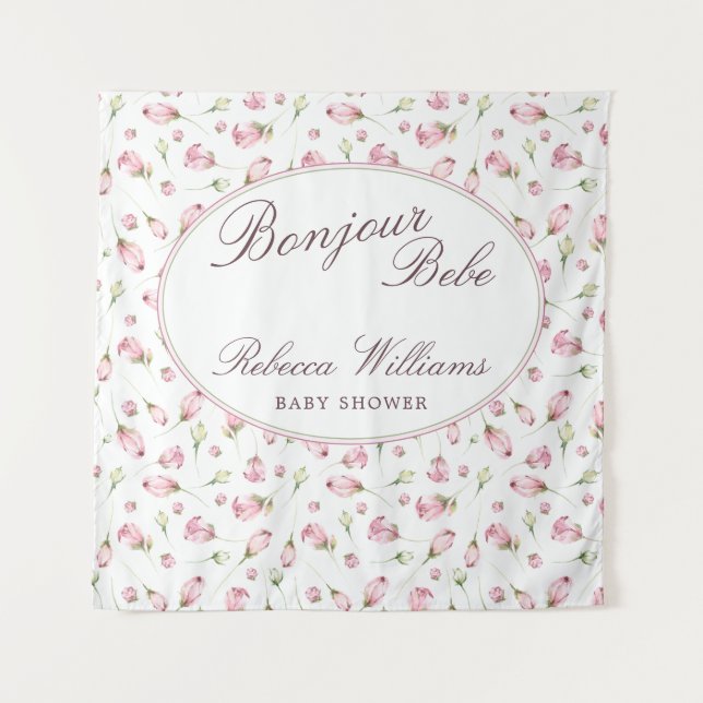 Tenture Sweet Macaron Bonjour Bebe Baby shower rose (Devant)