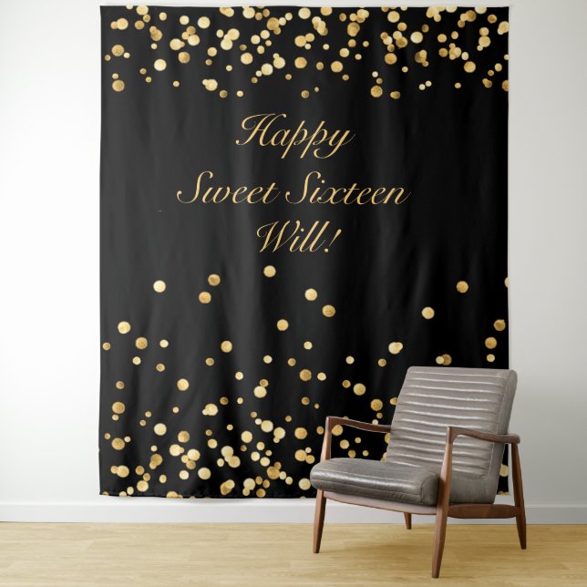Tenture Sweet sixteen Anniversaire, Noir Et Or (En situation)