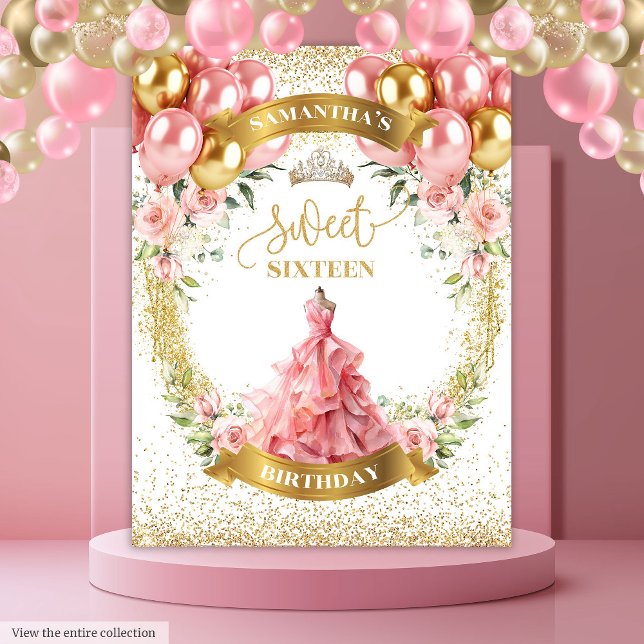 Tenture Sweet sixteen éblouissant Fond de Rose de ballons  (Dazzling Sweet Sixteen Backdrop Gold Balloons Roses)