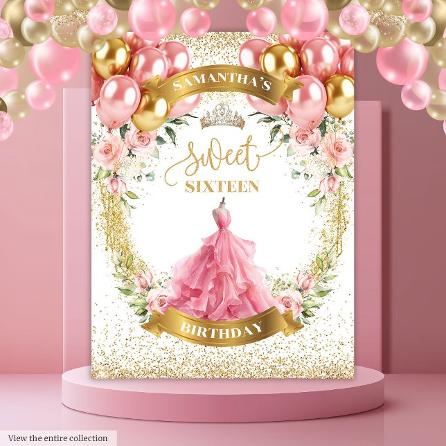 Tenture Sweet sixteen élégant Fond de toile de fond Blush  (Stylish Sweet Sixteen Backdrop Blush Roses Gold Glow)