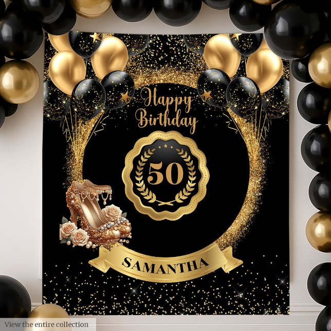 Tenture Symbole du 50e anniversaire des talons d'or Ballon (Gold Heels Black Balloons 50th Birthday Sign Tapestry )