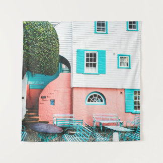 Tenture TABLE ET BANC turquoise ET GRIS BORDANT BLANC ET O