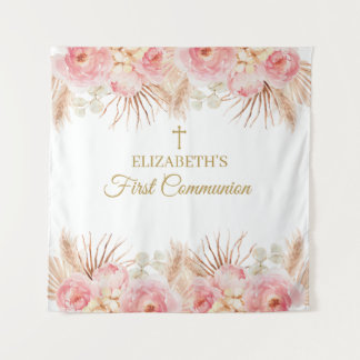 Tenture Tapiz Pink Floral First Communion Backdrop banner