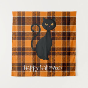 Tenture Tartan noir orange Plaid Chat noir Halloween