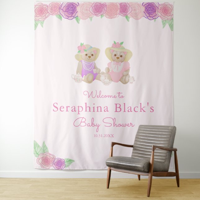 Tenture Tea Party rose Teddy Bear Baby shower fond (En situation)