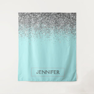 Tenture Teal Aqua Bleu Argent Paillettes Monogramme Nom