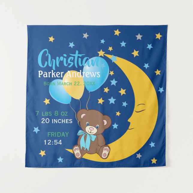 Tenture Teddy Bear assis sur la Lune Baby Birth Statistiqu (Devant)